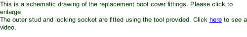 This is a schematic drawing of the replacement boot cover fittings. Please click to enlarge The outer stud and locking socket are fitted using the tool provided. Click here to see a video.