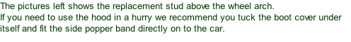 The pictures left shows the replacement stud above the wheel arch.  If you need to use the hood in a hurry we recommend you tuck the boot cover under itself and fit the side popper band directly on to the car.